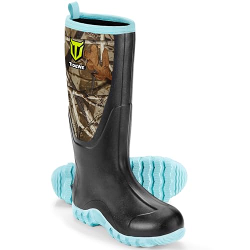 TIDEWE Rubber Boots for Women Multi-Season, Waterproof Rain Boots with Steel Shank, 6mm Neoprene Sturdy Rubber Outdoor Hunting Boots Next Camo G2 Size 6 (Green)