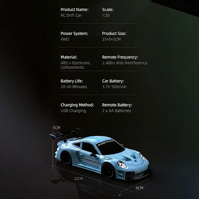 2.4GHz RC Drift Car 1:20 Scale Remote Control Car with LED Lights 4WD High Speed RC Vehicle Gift for Adults Racing & Drifting Tires