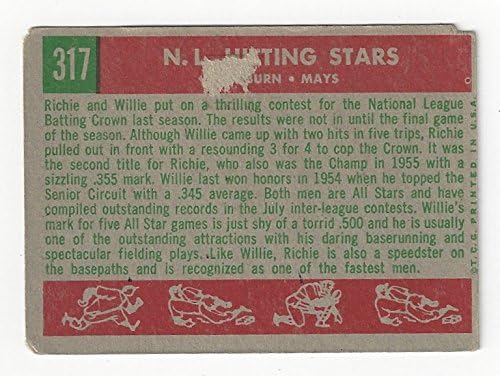 Richie Ashburn and Willie Mays N.L. Hitting Kings Collectible Baseball Cards - 1959 Topps Baseball Card #317 (Philadelphia Phillies & San Francisco Giants) Free Shipping