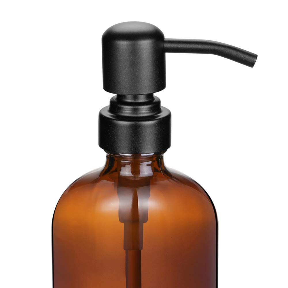 2 Pack Thick Amber Glass Pint Jar Soap Dispenser with Matte Black Stainless Steel Pump, 16ounce Boston Round Bottles Dispenser with Rustproof Pump for Essential Oil, Lotion Soap