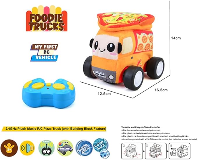 Plush Pizza Car with 2.4GHz Remote – Soft Fabric RC Toy with Music Effects & Buildable Top Safe Indoor Play Vehicle for Kids Ages 2+