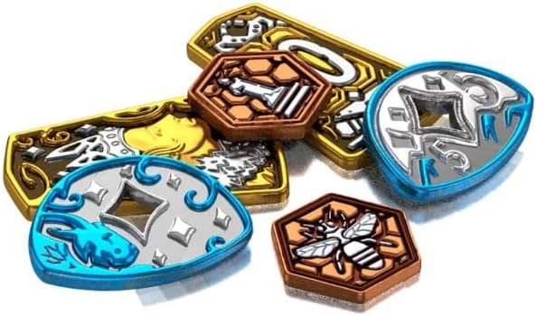 Merchants of The Dark Road: Lumi Metal Coins – Deluxe Metal Currency Upgrade for Board Game | Dual-Masked Multi-Color Coins | 1 5 & 10 Value Token Set