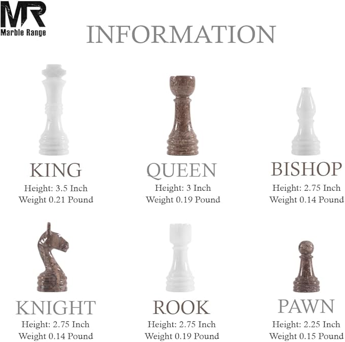 Marble Chess Set for Adults 15 Handmade White & Oceanic Board Game with 32 Chess Pieces 2 Extra Queens & Storage Box Luxury Travel Game – Elegant Home Décor