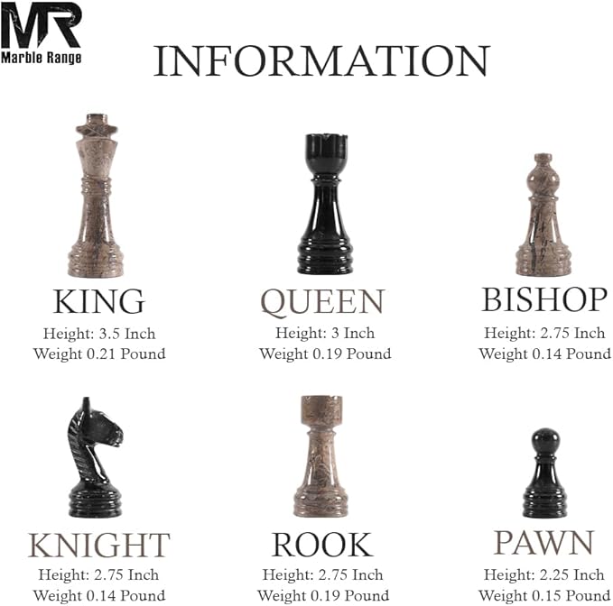 Marble Chess Set for Adults 15 Handmade Oceanic & Black Board Game with 32 Chess Pieces 2 Extra Queens & Storage Box Luxury Travel Game – Elegant Home Décor