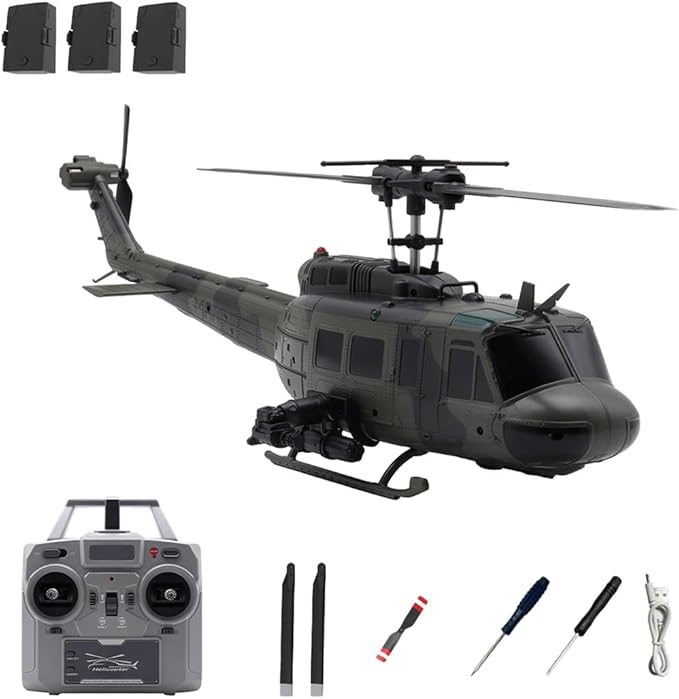 C032 UH-1 Huey RC Helicopter 1/48 Scale 6-Channel Brushless Helicopter with Optical Flow Positioning One Click Inverted Flight & Gyro Stabilized 3D Stunt Military Aircraft Model for Adults