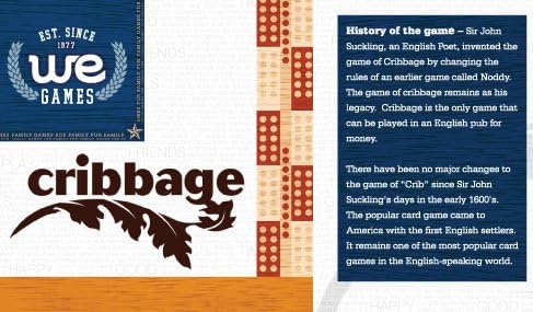 WE Games Deluxe Cribbage Set - Solid Walnut Wood Continuous 2 Track Board with Easy Grip Pegs Cards & Storage Bag