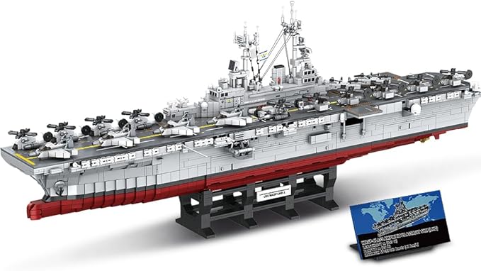MISINI M7024 Wasp-Class Amphibious Assault Ship Building Kit1/300 Scale 5220 PCS US Navy Warship Model with Display Stand Large Ship Building Blocks Set for Adults & Teens