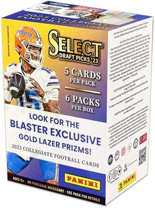 2023 Panini Select Draft Picks Collegiate Football Factory Sealed Blaster Box 6 Packs of 5 Cards 30 Cards in all Look for Blaster Exclusive Gold Lazer Prizms Chase autographs and Parallels from the t