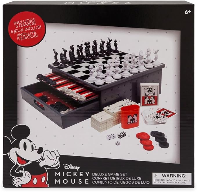 Disney Store Dolls & Games Mickey Mouse Deluxe Game Set - Includes Disney Chess Set Checkers Pieces Backgammon Board Playing Cards Poker Chips Dice & Shaker Cup in Self-Contained Wooden B