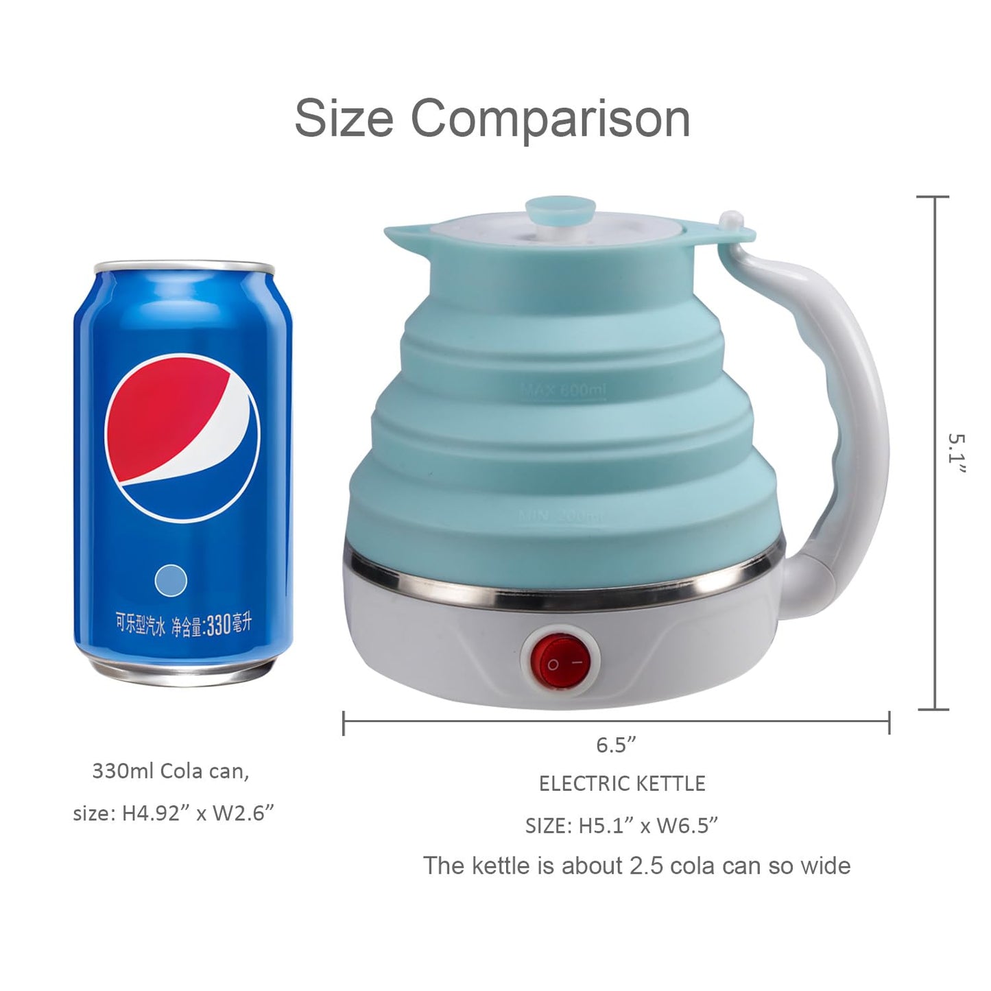 Travel Foldable Electric Kettle, Collapsible Electric Kettle Food Grade Silicone Small Pot Boiling water,Dual Voltage(600ml,110-220V US Plug) (Blue)