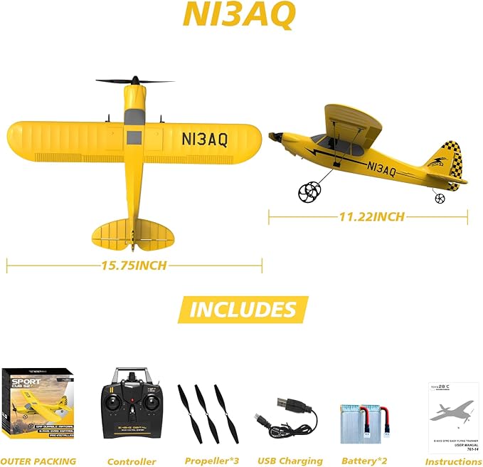 28℃ RC Plane 3 Channel Remote Control Airplane Trainer Sport Cub S2 with Propeller Saver&Xpilot Stabilization SystemOne-Key U-Turn Easy to Fly for Beginners Kids Adults Yellow (761-14 RTF)