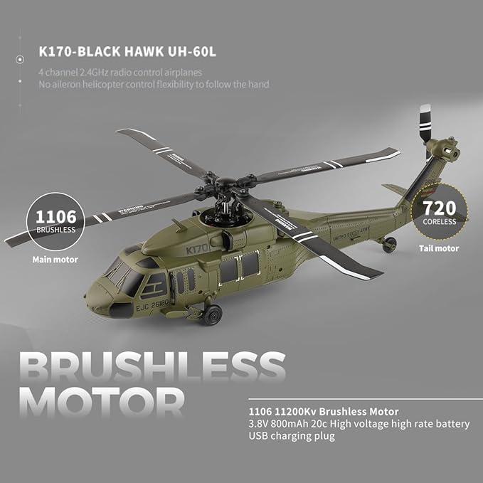 K170 UH60L Remote Controlled Helicopter for Adults RC Aircraft Plane 2.4Ghz 4CH RC Helicopter Heli Aileronless 6-Axis Gyroscope Altitude Hovering (1 Battery)