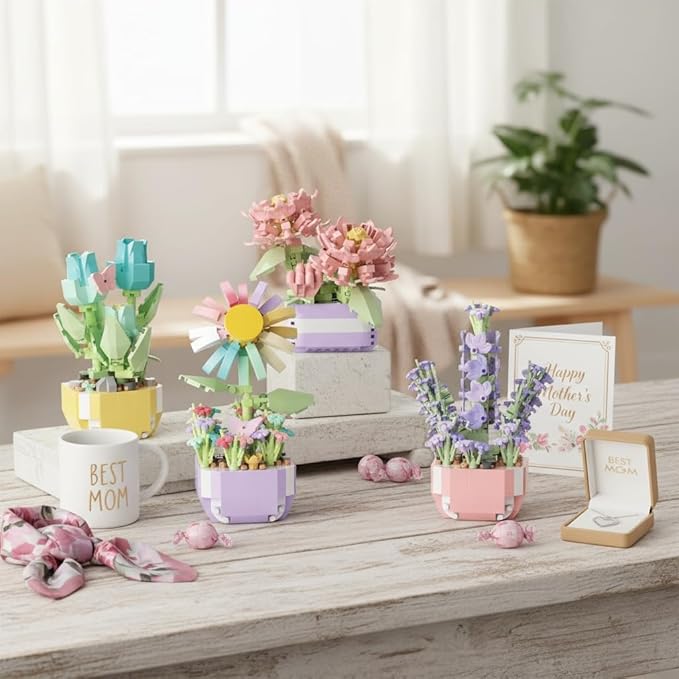 Mini Flower Bouquet Building Sets - Botanical Collection Artificial Flowers for Home Decor Creative Easter Gifts for Teens Girls & Adults (Chrysanthemum sunflower tulip lavender set of four)