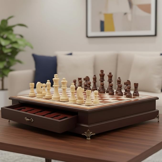 14.6-Inch Wooden Chess Set with Drawer Storage – Handmade Chess Board with 2 Extra Queens Elegant Home Decor and Strategy Game for Adults & Beginners