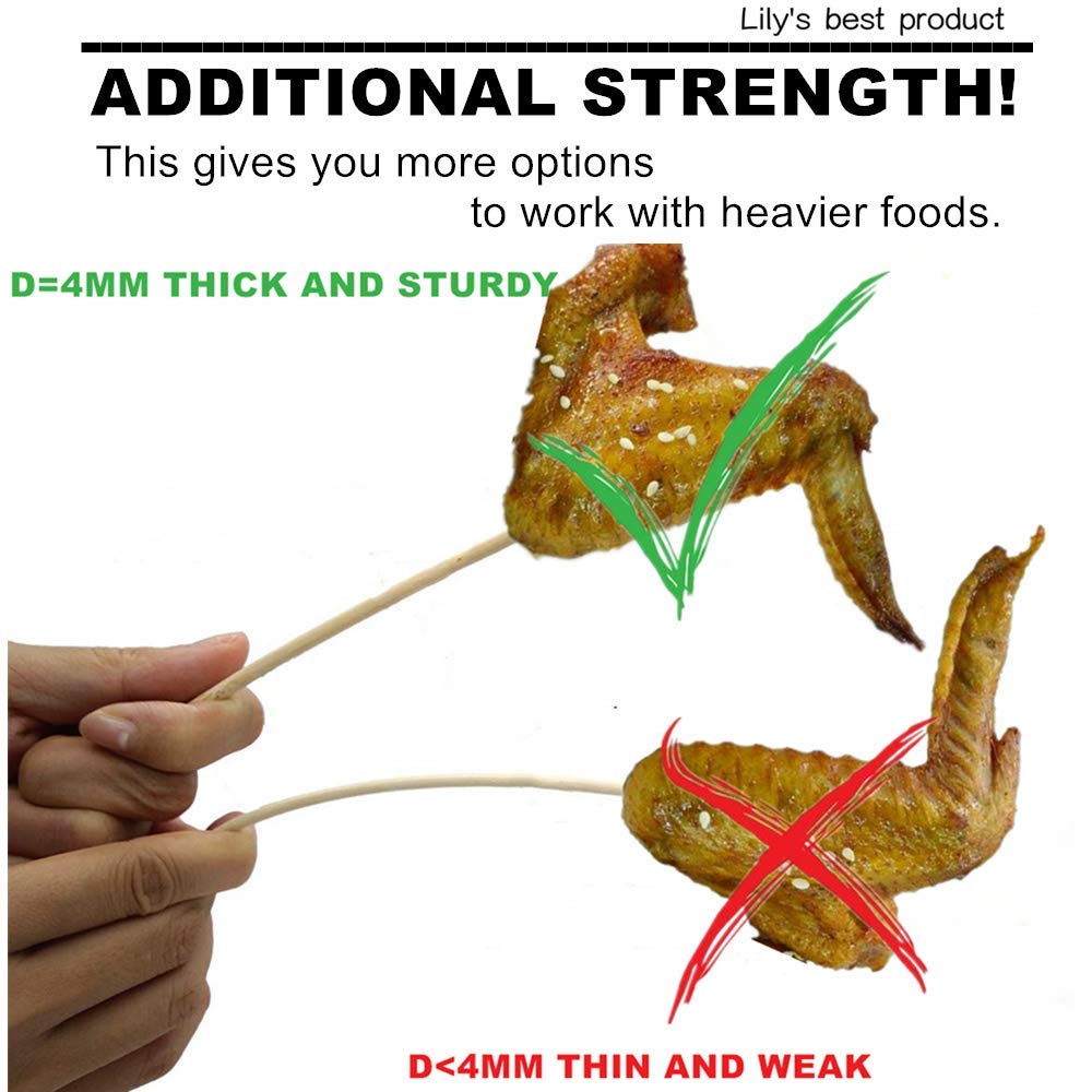 HOPELF 6" Natural Bamboo Skewers for BBQ,Appetiser,Fruit,Cocktail,Kabob,Chocolate Fountain,Grilling,Barbecue,Kitchen,Crafting and Party. Φ=4mm, More Size Choices 8"/10"/12"/14"/16"/30"(100 PCS)