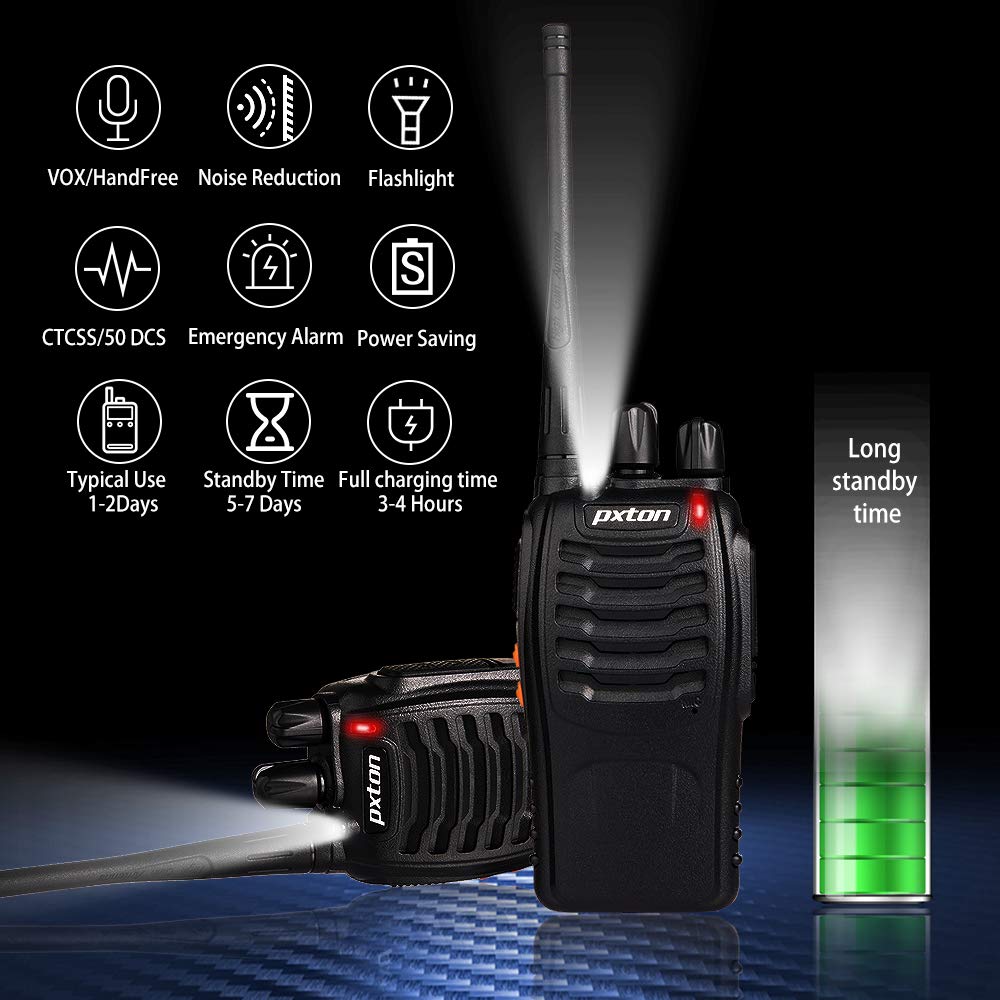 pxton Walkie Talkies Rechargeable Long Range Two-Way Radios with Earpieces,2-Way Radios UHF Handheld Transceiver Walky Talky with Flashlight Li-ion Battery and Charger(2 Pack)