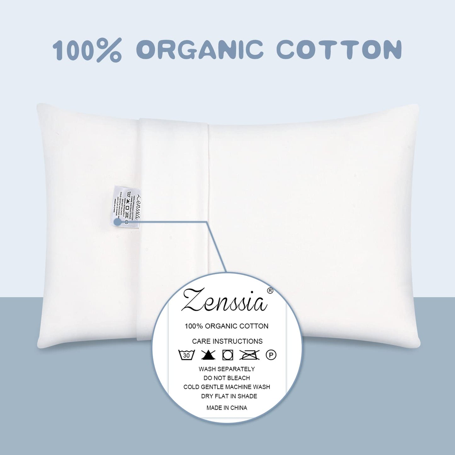 Zenssia Organic Cotton Toddler Pillowcase/Travel Pillowcase Pack of 2 Set 13x18 Inches with Envelope Closure - Soft & Breathable Baby Pillow Case Cover Solid White