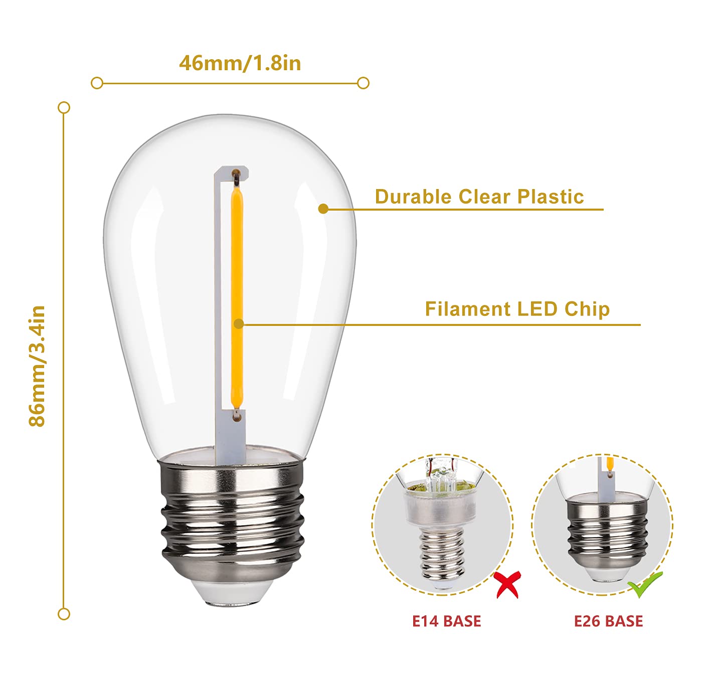 Shatterproof LED String Lights, Waterproof, Warm White 2200K, 70LM, E26 Base - 15 Pack