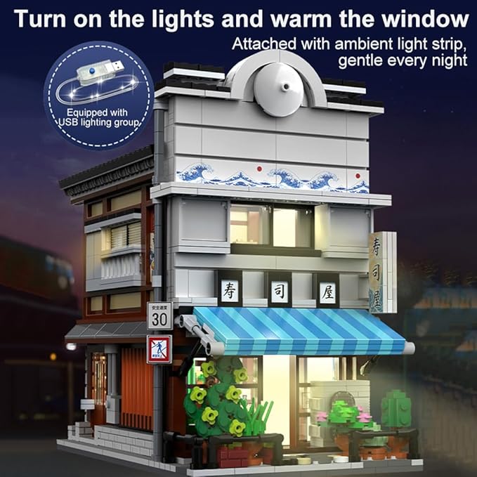 Japanese Sushi House Architecture Building Blocks Set – 1665PCS Creative Street View Model with Lighting & 1 People Creative Construction Shop House City View Birthday Gift for Adult