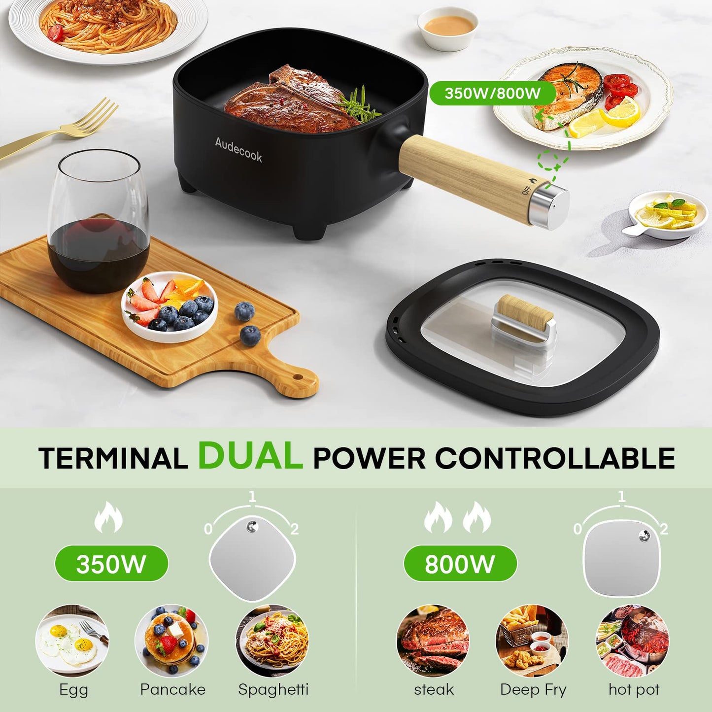 Audecook Hot Pot Electric 2L, Cermic Glaze Non-Stick Frying Pan 8 Inch, Portable Travel Cooker for Ramen/Steak/Fried Rice/Oatmeal/Soup, with Dual Power Control (Silicone Spatula Included)