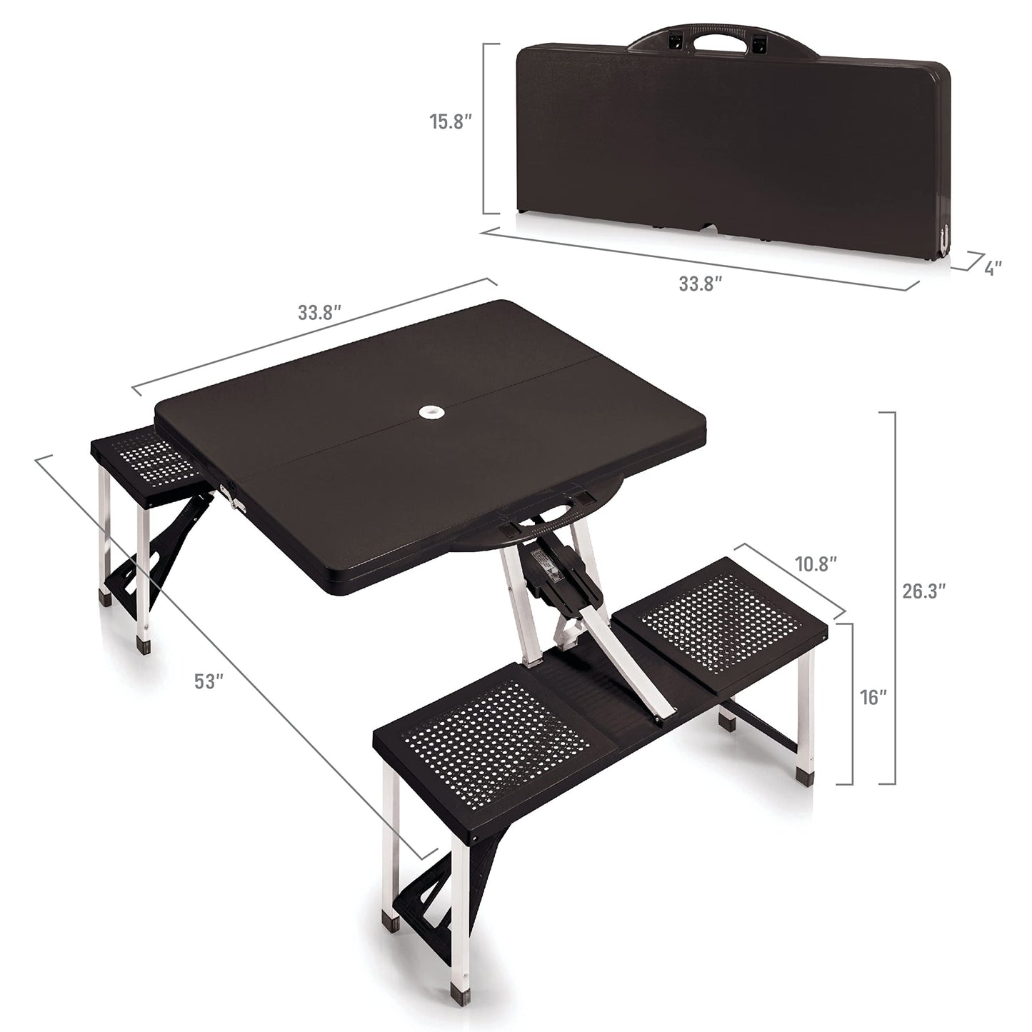 PICNIC TIME Picnic Table Portable Folding Table with Umbrella Hole and Bench Seats for Four for Tailgating, Picnics, and Beach, Collapsible to Suit-Case Style for Easy Transport, Lightweight, (Black)