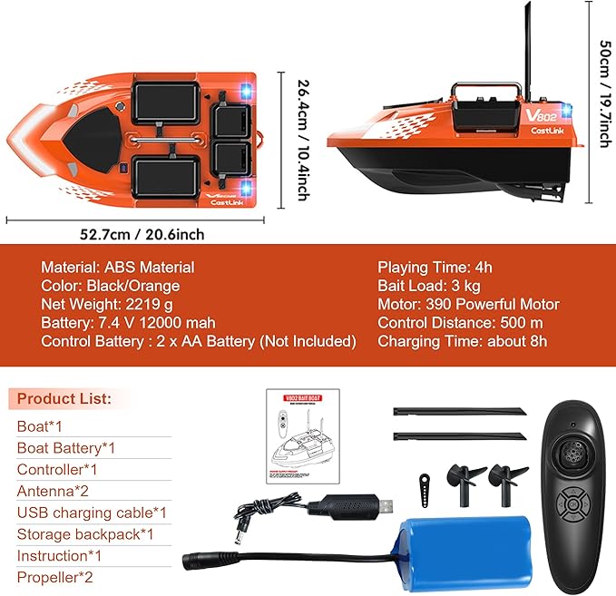 RC Bait Boat with Line Drop for Adult Cruise Control 4 Bait Slot 6.6LBS Loading 12000mAh Battery and Dual Motors 1640FT Range Remote Control Fish with LED Light Hook Release & Backpack(Orange