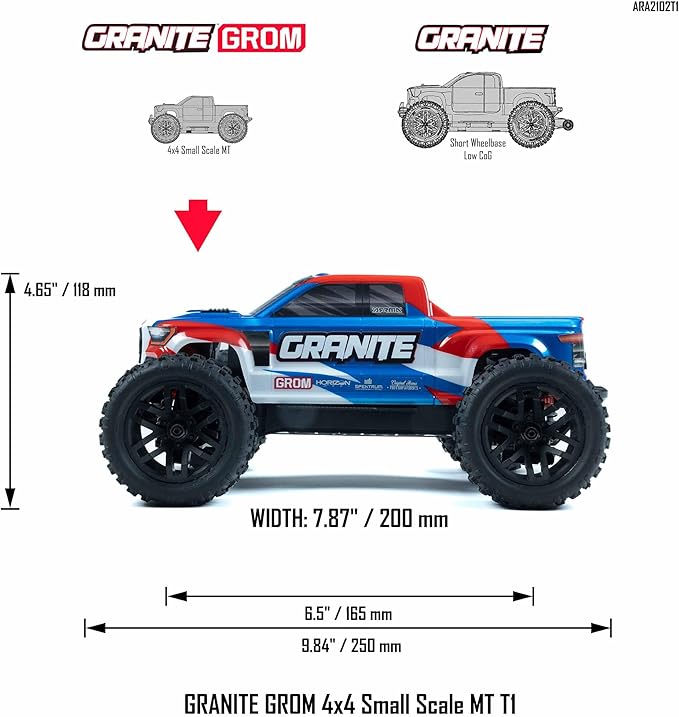 ARRMA RC Truck 1/18 Granite GROM MEGA 380 Brushed 4X4 Monster Truck RTR with Battery & Charger Blue ARA2102T1