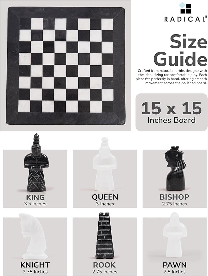 Radicaln Marble Antique Chess Set with Storage Box 15 Inches Black and White Handmade Board Game 2 Player Classic Chess Sets for Adults Board & 32 Chess Pieces