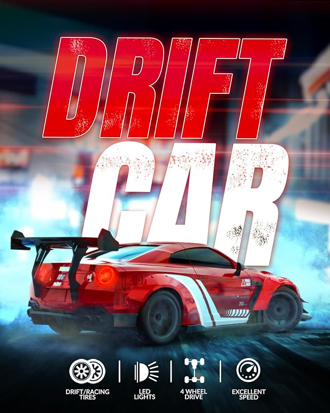 RACENT RC Drift Car 1:20 Scale Remote Control Car with LED Lights 2.4GHz 20KM/H 4WD High Speed RC Vehicle Racing & Drifting Tires Two Batteries Toy Idea Gift for Adults Boys Girls and Kids (R