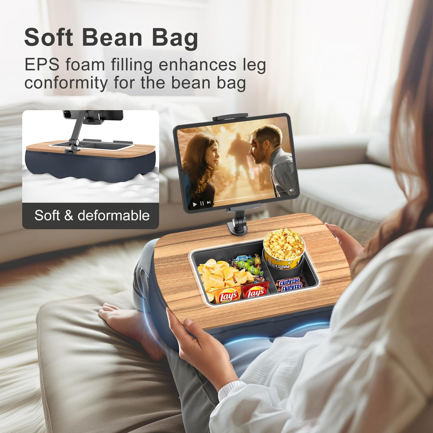 ERGONOV Lap Beanbag Tablet Pillow Stand,Adjustable iPad Holder with Snack Bowl,360° Rotating Clip for 4.7-13" Kindle,Phone,Tablet.Ideal for Hands-Free Reading and Relaxation on Bed,Couch,Recliner,Gray