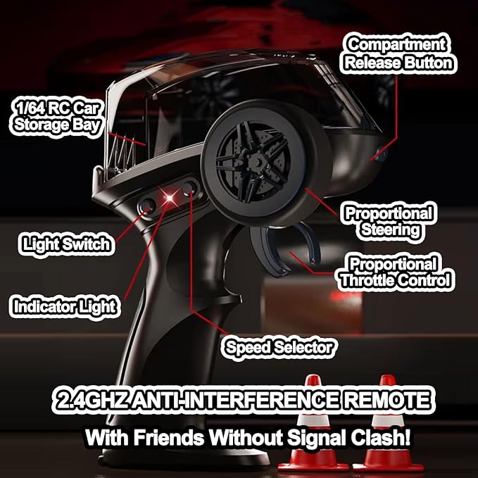 1/64 Scale Mini RC Drift Car 4WD Micro RC Car with LED Lights 2 Speed Modes & Portable Remote Storage Case Proportional throttle Rechargeable Desktop Toy for Adults Kids Includes 2 Sets of Ti
