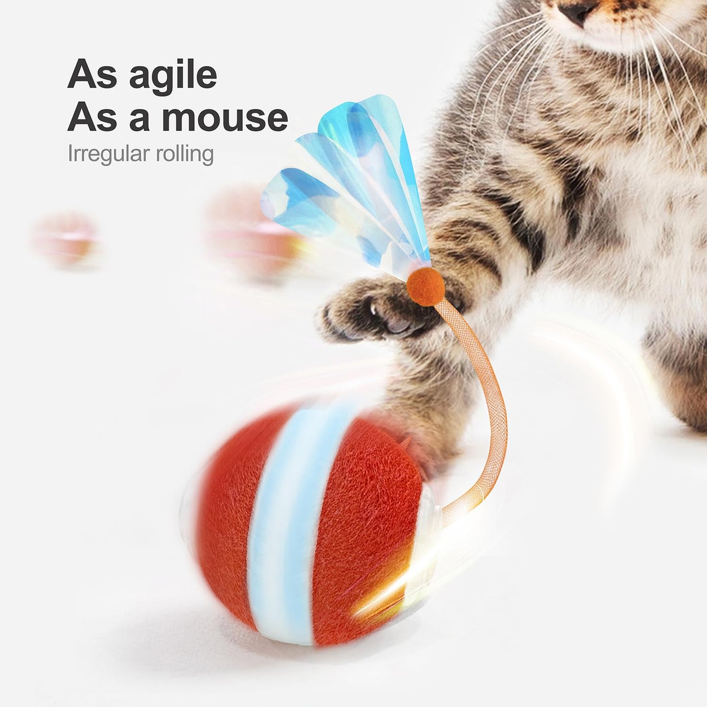 Jkanti Interactive Cat Toys for Indoor Cats,The 3rd Generation Agile Moving Cat Ball with Elastic Mesh Tail,Automatic Kitten Toys for Bored Indoor Adult Cats,Motion Activated (Orange)