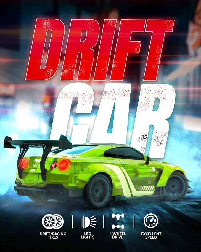 RACENT RC Drift Car 1:20 Scale Remote Control Car with LED Light 2.4GHz 20KM/H 4WD High Speed RC Vehicle Racing & Drifting Tires Two Batteries Toy Idea Gift for Adults Boys Girls and Kids (Gr