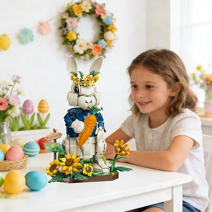Easter Bunny Building Set with Carrot & Sunflower Base 1258 PCS Bricks Blocks Rabbit Model Compatible with Lego Easter Creative Easter Gift for Kids and Adults