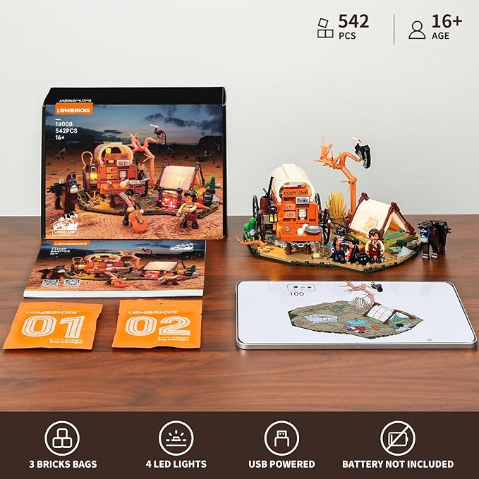 Cowboy Camp Lighting Building-Bricks Set - The Old West Shelter with Covered Wagon and Horse 542 Pcs Collection Display Set for Adults and West Lovers