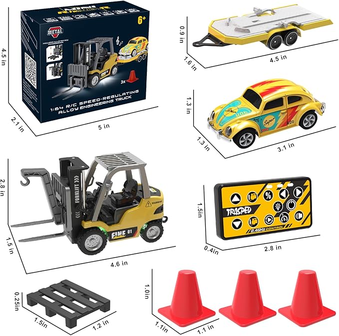 1/64 RC Forklift ToyToys for 6 7 8 9 Year Old Kids Boys2 in 1 Transformable Lift Fork & Hook with Lights & SoundsRemote Control Car with TrailerRC Construction Toys Kids Gifts
