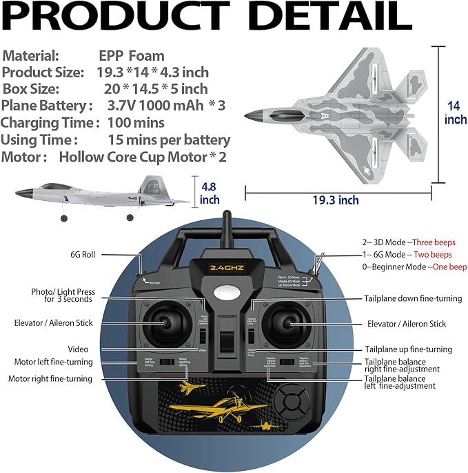 RC Planes 4 Channel F22 Raptor Remote Control Airplane with LED Light 6-Axis Gyro 3 Flight Modes One-Key Aerobatic Wingspan 500mm Fuselage 360mm RTF Suitable for Outdoors and Gifts