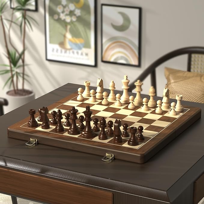Premium Natural Walnut 15 Magnetic Wooden Folding Chess & Checkers Set- 2 in 1 Board Game with 3 King Staunton Pieces and 2 Extra Queens Checkers and Dust-Proof Storage Bag (Black)