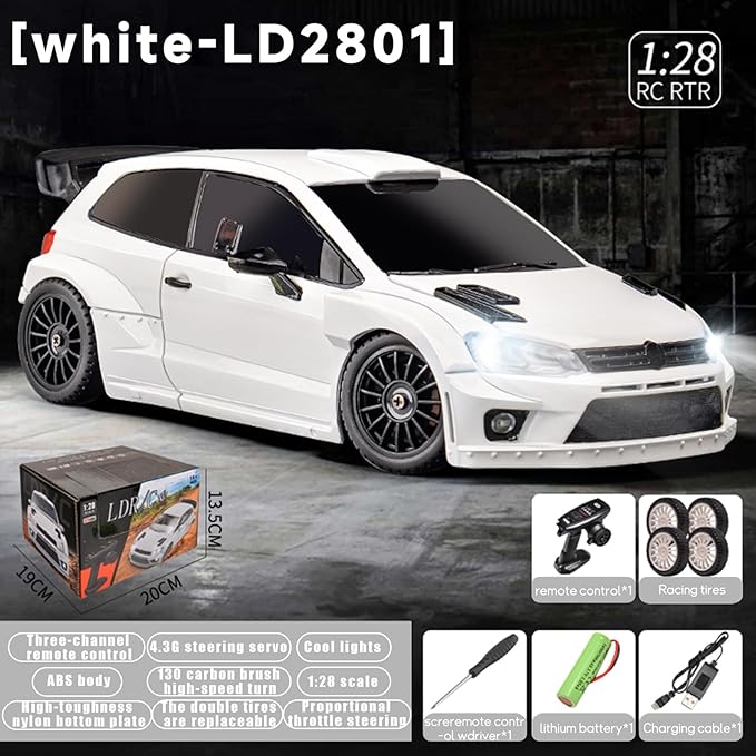 LD2801 Mini RC Drift Car 1/28 Scale RTR Remote Control 4WD Racing Cars with 4PCS Drift Tires and LED Searchlight for Hobby Gift (White)
