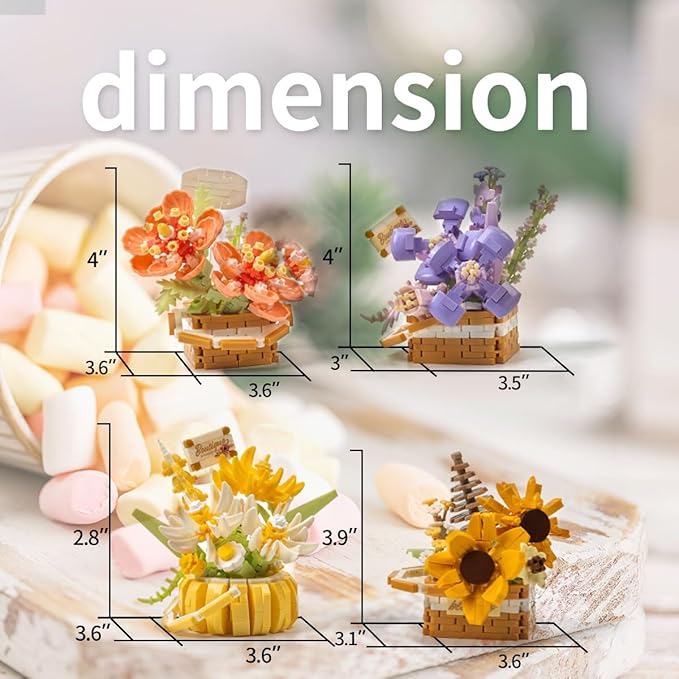 Miniature Flower Bouquet Building Blocks Set DIY Bonsai Basket Kit Artificial Flowers Botanical Collection Toys Home Shelf Decor for Adults & Teens (4 Sets)