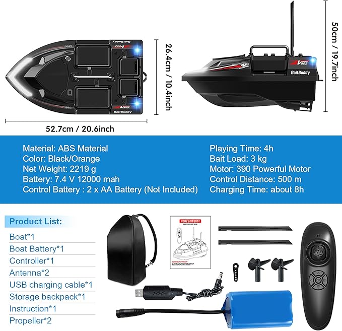 RC Bait Boat with Line Drop for Adult Cruise Control 4 Bait Slot 6.6LBS Loading 12000mAh Battery and Motors 1640FT Range Remote Control Fish Boat with LED Light Hook Release & Backpack(Black)