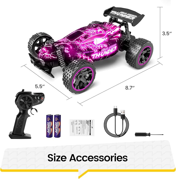 Tecnock RC Cars for Kids 1:18 Scale 2WD RC Car with LED Lights 2.4GHz Remote Control Car with USB-C Easy Charging & 50 Mins Playtime Toys Gifts for Boys & Girls Ages 8-12