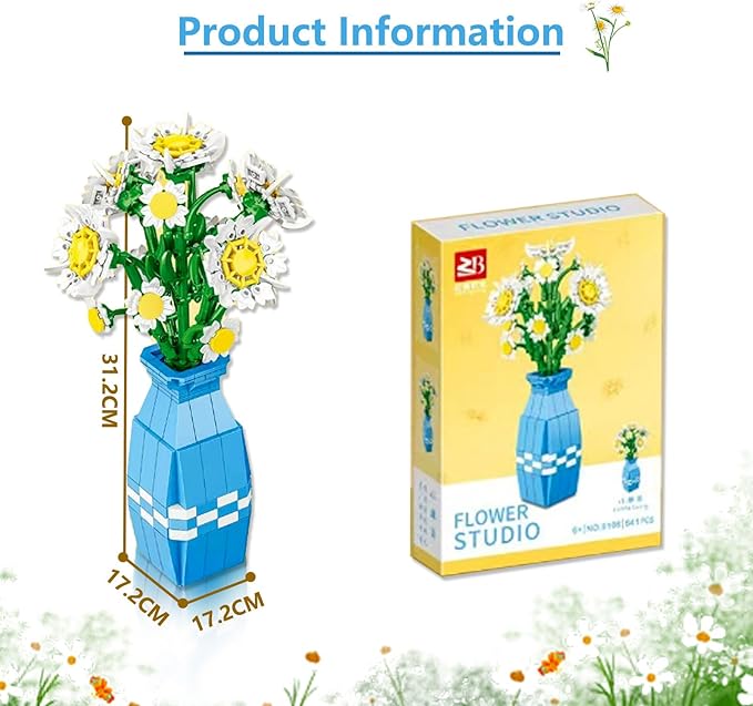 Daisy Building Set with Vase Compatible with Lego 541PCS Flower Bouquet Building Sets for Adults Artificial Flowers for Home Decor Christmas Birthday Valentines Gift for Her & Him 14+