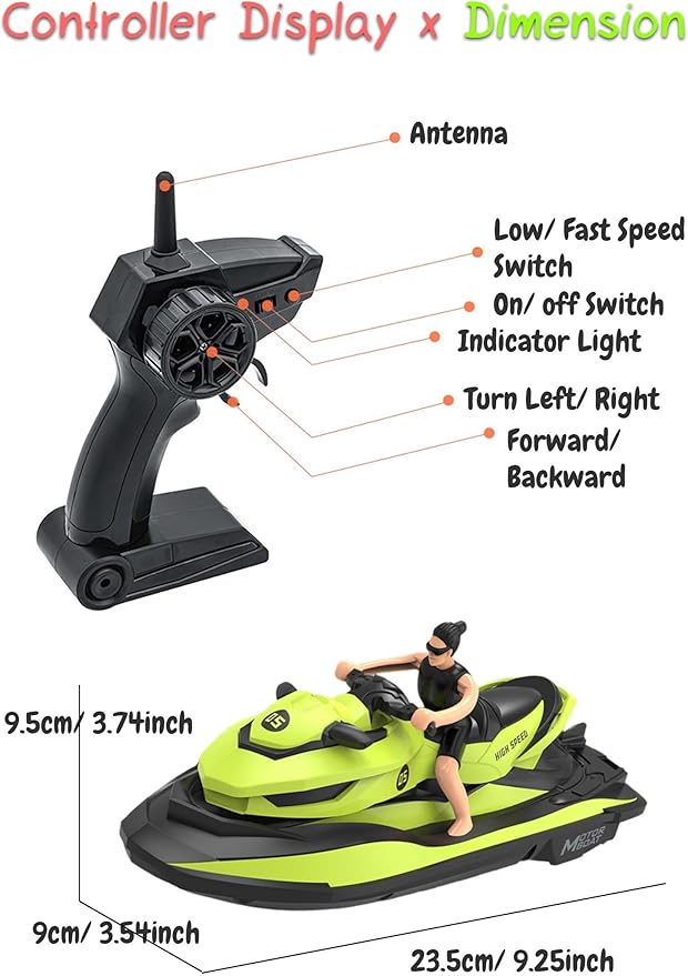 2.4 GHz RC Motorboat Dual-Motor 10 km/h High-Speed Electric Racing Jet Ski Toy 50 m Control Range 20 min Play Low-Battery Alarm Distachable Driver Figure for Kids & Adults (Green)