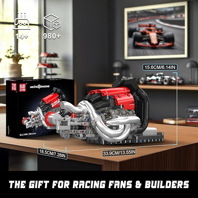 Mould King Racing Car Engine Model Kit 980+Pcs Motorized Mini Engine Kits That Runs Build Your Own Model Engine with Gearshift & Battery Building Blocks for Adults DIY Construction Engineering