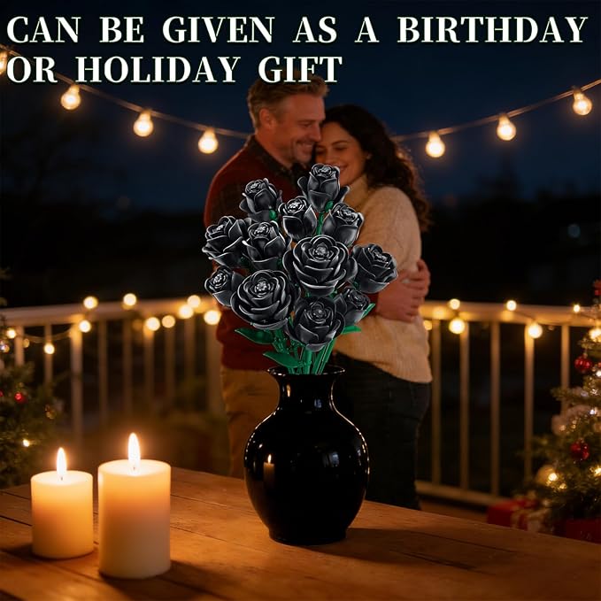 Black Rose Flower Building Blocks Bouquet 12 PCS Gothic Artificial Roses DIY Botanical Set Home Office Decor Gift for Women Adults Teens Valentines Day Mothers Day 512 PCS
