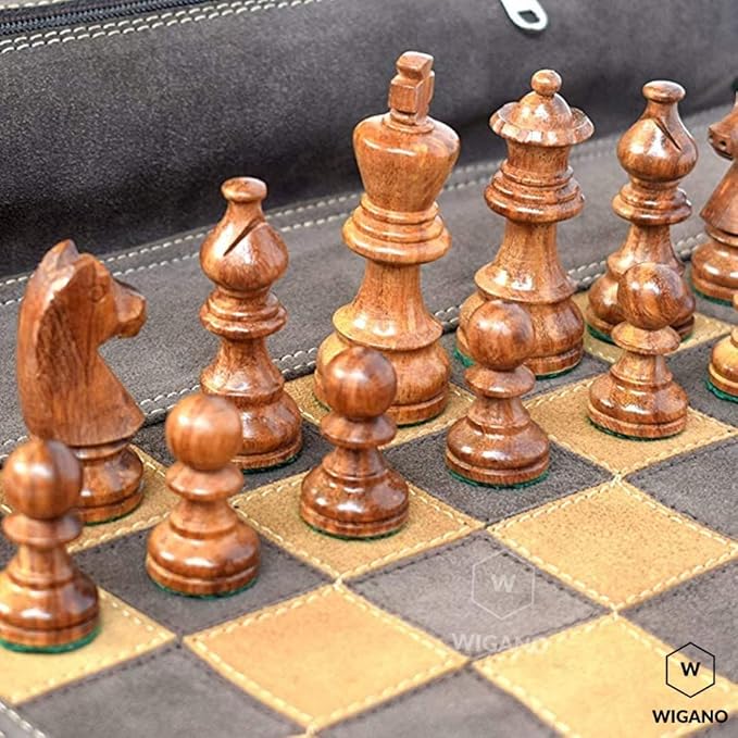 19X15 Genuine Leather Chess Set (Chess Size-12X12) - with 3 King Size Chess Pieces & Roll-Up Leather Chess Board (Brown(Suede))