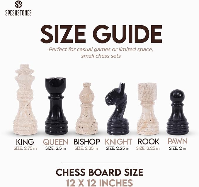 Marble Chess Set for Adults 12 Inch Handmade Travertine and Black Board Game with Storage Box Travel Chess Set for Tabletop with Pieces & 2 Extra Queens Gifts & Home Décor