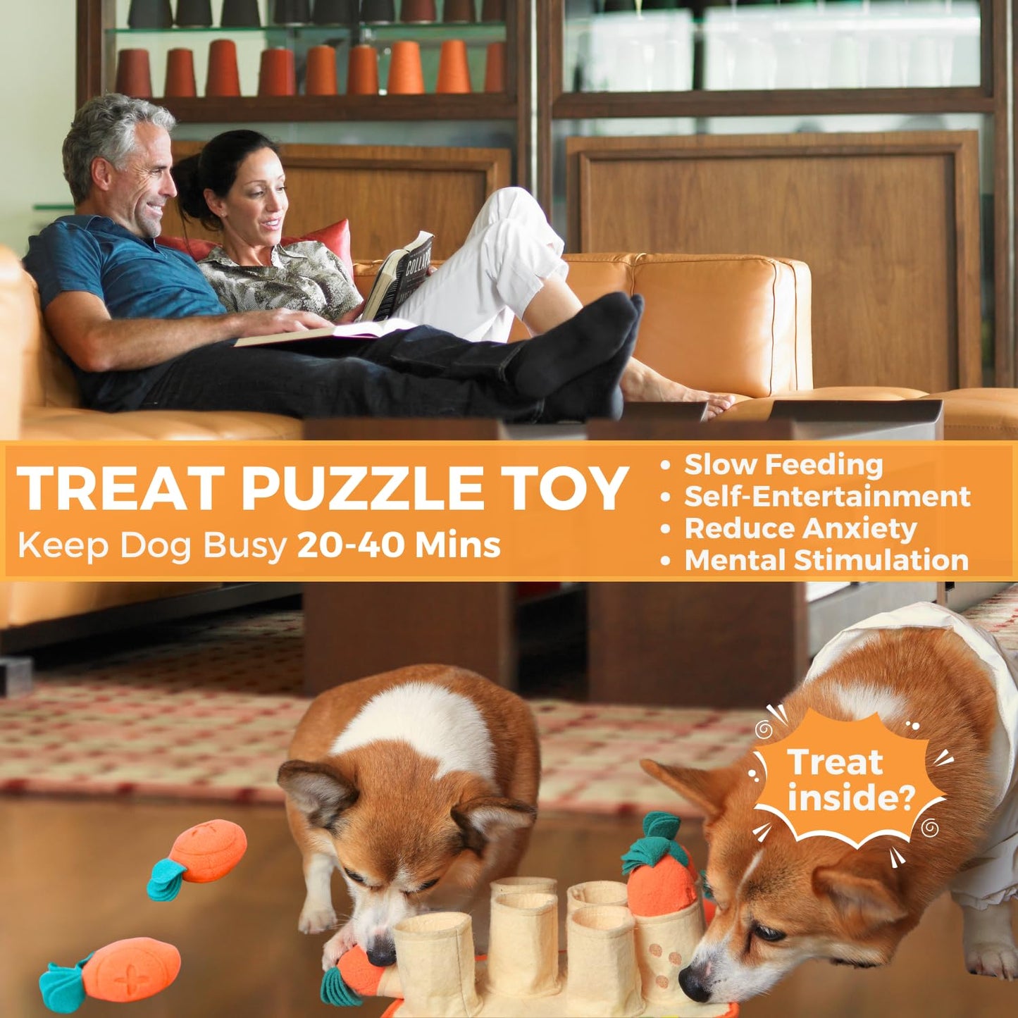 Boredom Buster for Small and Medium Dog, Interactive Treat Puzzle Rug, Slow Feeder Mat with Squeaky Carrots, 20-40 Mins Self-Entertainment Toy, Enrichment Toy Gifts for Dog