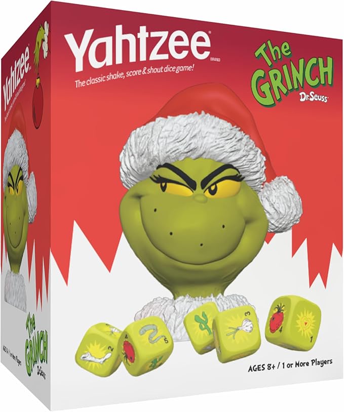 YAHTZEE Grinch Dice Game Collectible Dice Cup with Green Dice Christmas Themed Family Board Game Classic Game with a Festive Dr. Seuss Twist Officially Licensed Game & Merchandise